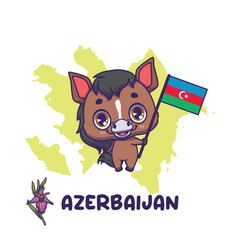 National animal horse holding the flag of Azerbaijan. National flower ophrys caucasica displayed on bottom left