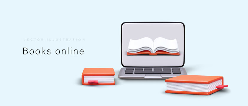 Realistic laptop and books. Reading and buying books online via gadgets. Promo poster for web library with place for text. Cartoon vector illustration in red, blue and gray colors