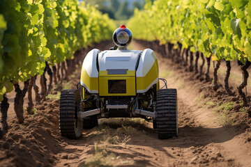 Fototapeta premium Image of an agriculture robotic vehicle in the vineyard lane keeping the ground clean.