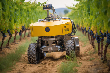 Image of an agriculture robotic vehicle in the vineyard lane keeping the ground clean.