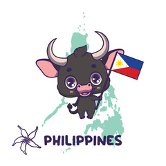 National animal carabao holding the flag of Philippines. National flower sampaguita jasmine displayed on bottom left