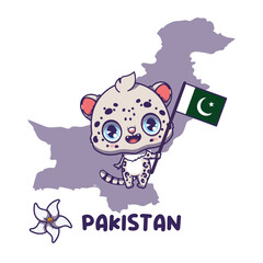 National animal snow leopard holding the flag of Pakistan. National flower white jasmine displayed on bottom left