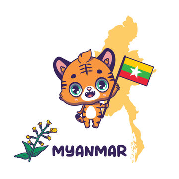 National animal tiger holding the flag of Myanmar. National flower padauk displayed on bottom left