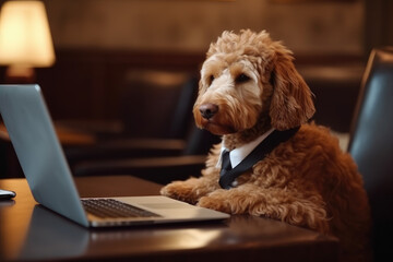 Dog businessman in a tie works at a laptop in the office, AI Generated