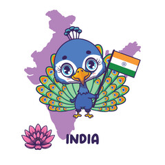 National bird peacock holding the flag of India. National flower lotus displayed on bottom left
