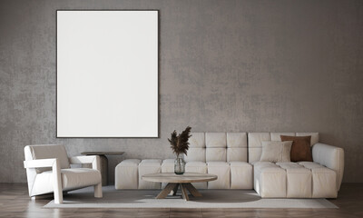 Modern sofa and concrete wall in living room interior, modern design, mock up furniture decorative interior, black poster frame, 3d rendering