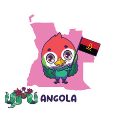 National animal red crested turaco holding the flag of Angola. National flower welwitschia displayed on bottom left