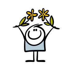Happy stick figure boy holding flowers in rising up hands and waving it. Vector illustration of welcome stickman. - 609916809