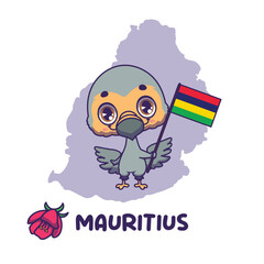 National animal dodo holding the flag of Mauritius. National flower trochetia boutoniana displayed on bottom left © agnessz