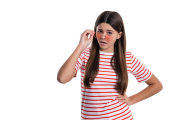 confused summer teen girl wear striped shirt isolated on white. summer teen girl