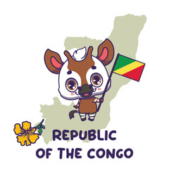 National animal okapi holding the flag of Republic of the Congo. National flower yellow trumpet displayed on bottom left