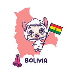 National animal llama holding the flag of Bolivia. National flower cantua buxifolia displayed on bottom left