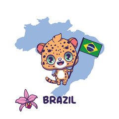 National animal jaguar holding the flag of Brazil. National flower orchid displayed on bottom left