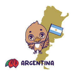 Obraz premium National animal rufus hornero holding the flag of Argentina. National flower ceibo displayed on bottom left