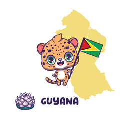 National animal jaguar holding the flag of Guyana. National flower giant water lily displayed on bottom left