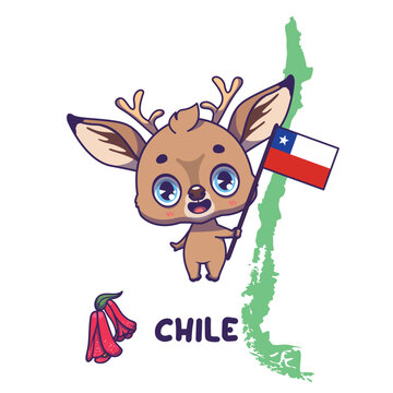 National animal huemul deer holding the flag of Chile. National flower lapageria displayed on bottom left