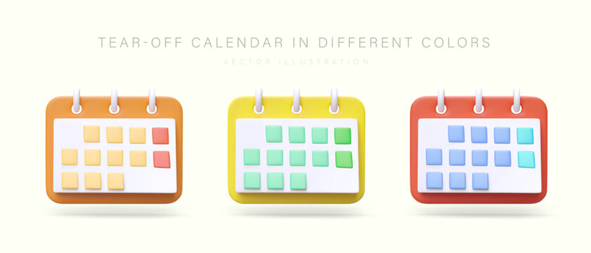 Set of tear off calendars in different colors. 3D planners with day markings. Weekdays and weekends. Time management, meeting planning. Appointment calendar. 3D vector icons