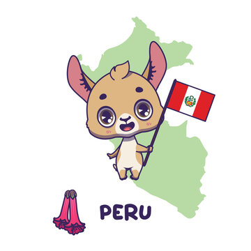 National animal vicuna holding the flag of Peru. National flower cantua buxifolia displayed on bottom left