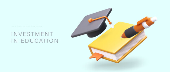 Investments in education. Promotion of educational programs, courses. Successful result. Certified education, graduate specialist. Poster with 3D book, graduate cap, pen