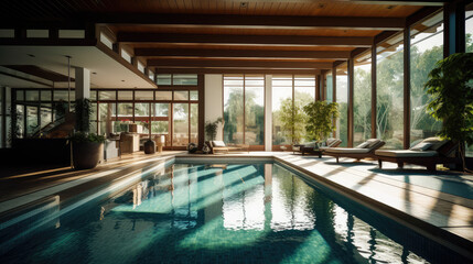 Fototapeta premium Generative ai illustration of internal view on a contemporary house with swimming pool