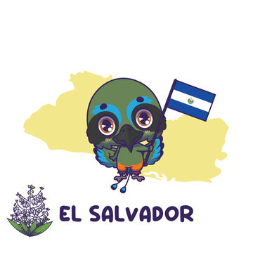 National animal turquoise browed motmot holding the flag of El Salvador. National flower izote displayed on bottom left