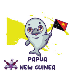 National animal dugong holding the flag of Papua New Guinea. National flower dendrobium lasianthera displayed on bottom left