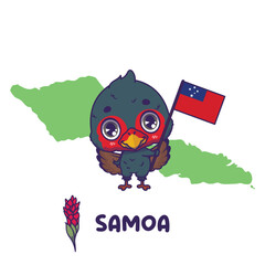 National animal manumea holding the flag of Samoa. National flower teuila torch ginger displayed on bottom left