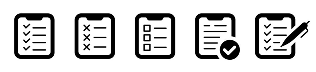 Clipboard checklist or document, contract icon set. Clip board or pad symbol. complete document page, complete document page, quality test mark. Vector illustration