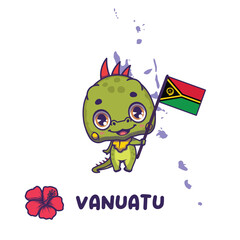 National animal iguana holding the flag of Vanuatu. National flower hibiscus displayed on bottom left