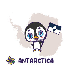 National animal penguin holding the flag of Antarctica. National flower hibiscus displayed on bottom left
