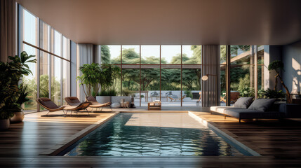 Fototapeta premium Generative ai illustration of internal view on a contemporary house with swimming pool