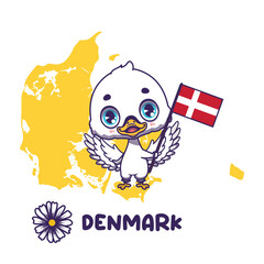 National animal swan holding the flag of Denmark. National flower marguerite daisy displayed on bottom left