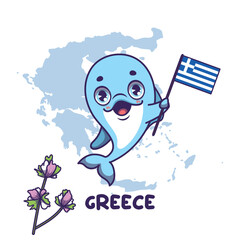 National animal dolphin holding the flag of Greece. National flower bear's breech displayed on bottom left