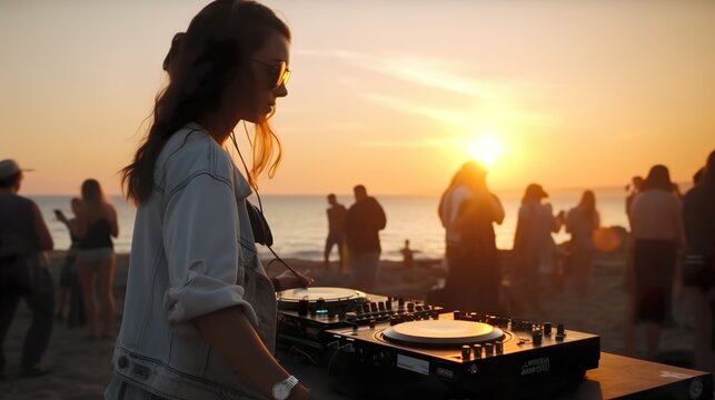 Woman dj mixing at sunset beach party in summer vacation outdoor - Female disc jockey playing music for tourist people in chiringuito kiosk bar - Event, music and fun concept - AI generated content