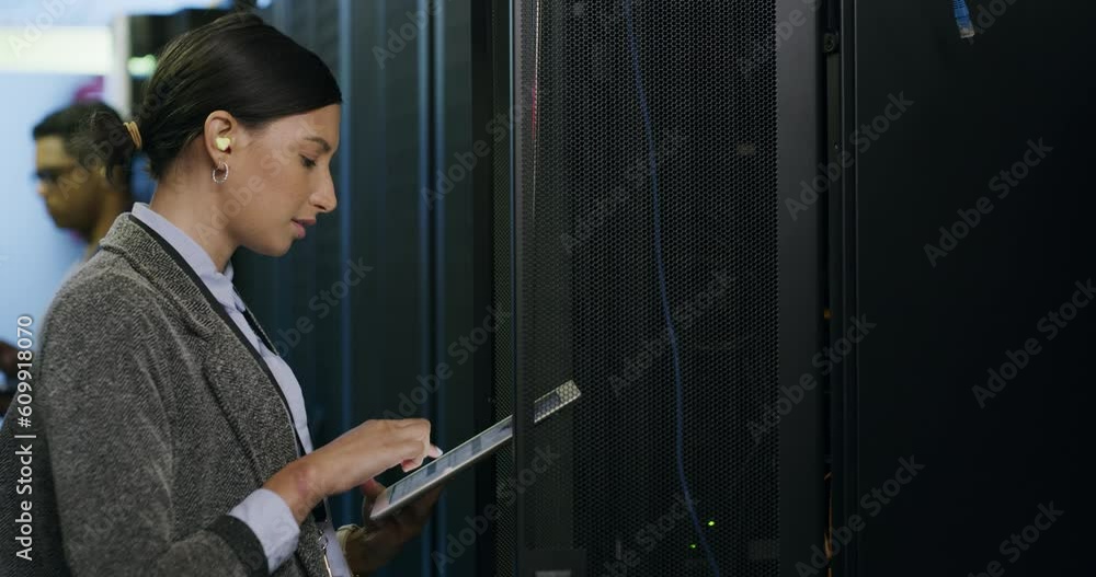 Poster Woman in data center with tablet, system maintenance and engineer in digital storage for database update. Tech employee, network administration and girl technician online in server room with mockup.