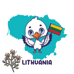 National animal stork holding the flag of Lithuania. National flower rue displayed on bottom left