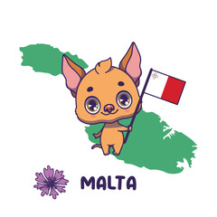 National animal pharaoh hound holding the flag of Malta. National flower centaurea displayed on bottom left