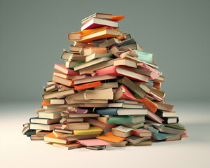 A stack of different books by size and color on a gray background.