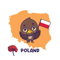 National animal white tailed eagle holding the flag of Poland. National flower poppy displayed on bottom left