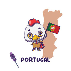 National animal rooster holding the flag of Portugal. National flower lavender displayed on bottom left