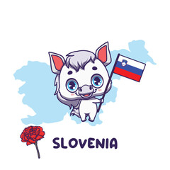 National animal white horse holding the flag of Slovenia. National flower red carnation displayed on bottom left