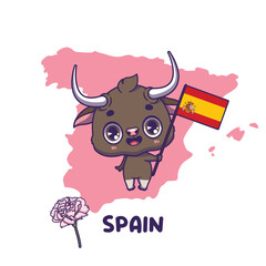National animal bull holding the flag of Spain. National flower carnation displayed on bottom left