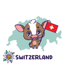 National animal cow holding the flag of Switzerland. National flower edelweiss displayed on bottom left