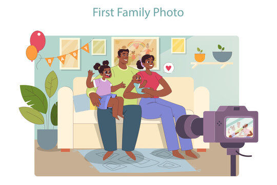 Family portrait. Mother, father and two kids taking a picture. Smiling