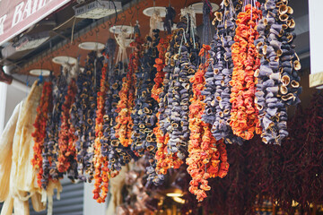 Delicious dry vegetables on farmer market in Uskudar district, Asian side of Istanbul, Turkey