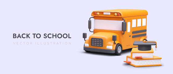 Back to school. Color poster with 3D yellow bus, stack of books. Cute illustration in plasticine style. Advertising of educational services. Banner layout for educational application