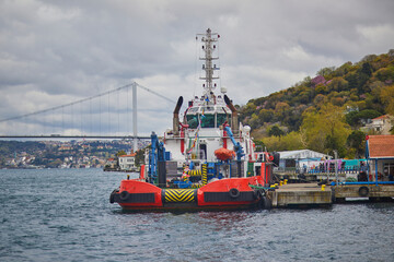 Passenger ferry sails across Bosphorus strait in Istanbul, Turkey