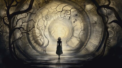 illustration dark fantasy theme, a woman walk in mystery passage, Generative Ai