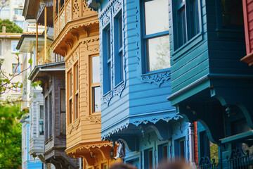Colorful Ottoman wooden houses on streets of Kuzguncuk, a neighborhood in the Uskudar in Istanbul, Turkey