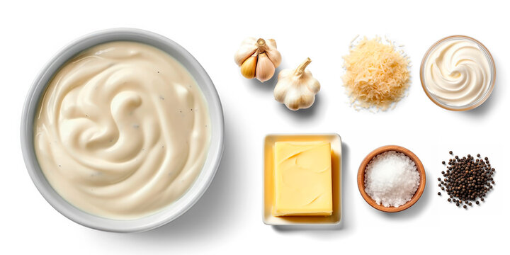 Alfredo Sauce ingredients Heavy cream, butter, garlic, and Parmesan cheese, transparent